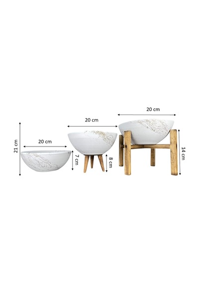 Bitki Tasarımı Ev Dekorasyon Beyaz Üzeri Gold Mermer Efektli Aranjman Sunumluk Toprak Saksı Üçlü Set 20 Cm Çap