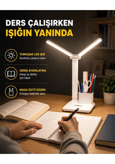 Kalemlik Ve Telefon Standlı Masa Lambası Kısılabilir Led Işık, Göz Dostu Tasarım Yeni Nesil Beyaz