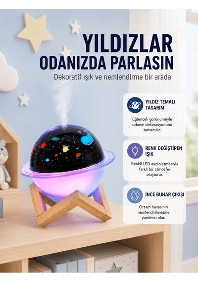 Projektör Işıklı Ve Aromaterapi Destekli Taşınabilir Nemlendirici Cihaz Usb Bağlantılı Altın - Çok Renkli 19205717
