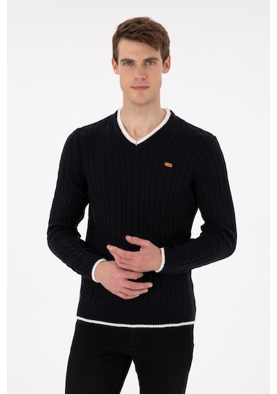 U.S. Polo Assn. Erkek Regular Fit V Yaka Lacivert Yaka Detaylı Kazak 50297083-VR033