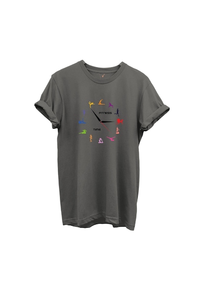 Fitness Time Spor Ve Yoga Figürlü Renkli Tasarımlı %100 Pamuk Regular Fit Unisex T-shirt Gri