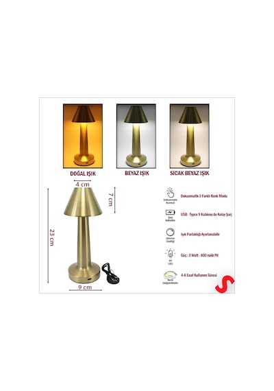 Şarjlı Dokunmatik Ayarlanabilir Renk Tonlu Led Masa Lambası - 23cm Renkli