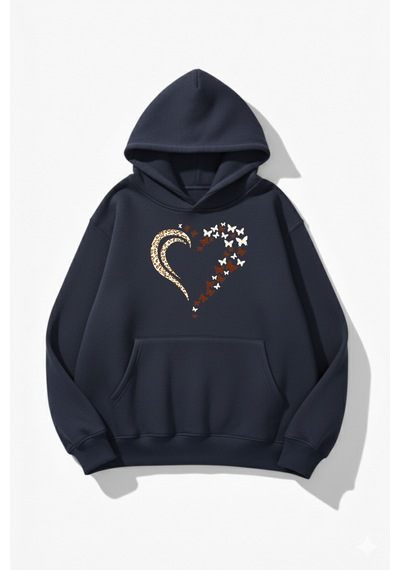 Uyguntarz Unisex Yumuşak Dokulu Kelebek Leoparlı Kalp Baskılı Tasarım Oversize 3 İplik Hoodie Sweatshirt Indigo