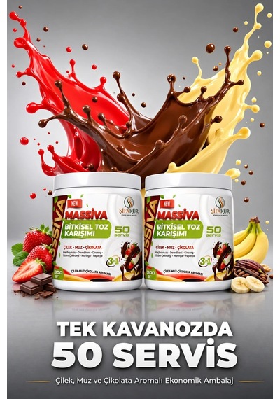 Ginsengli Toz İçecek Karışımı 300 g 50 Servis Çilek Muz Çikolata Aromalı (Massiva)