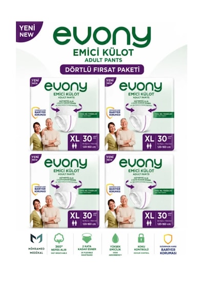 Evony Emici Külot Yetişkin Hasta Bezi Xl 30 Lu 4 Paket