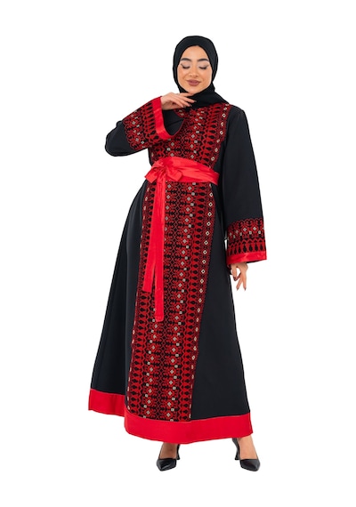 Zaytoon Uzun Kollu Tek Taraflı Nakışlı Kırmızı Kemerli Filistin Elbise C100057 Kırmızı