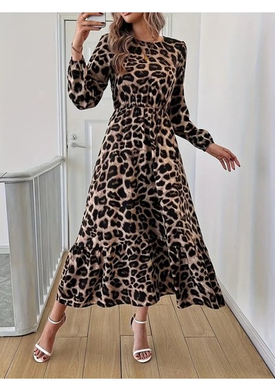 Emh Store Uzun Kollu Bisiklet Yaka Leopar Desenli Midi Süprem Elbise Leopar