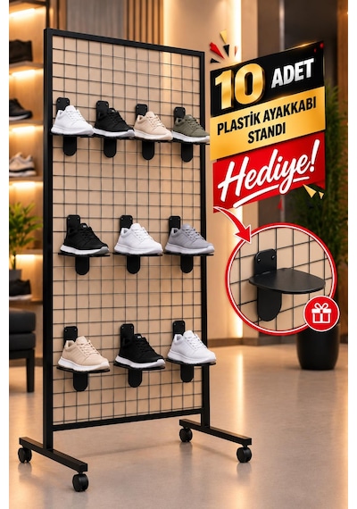 Tekerlekli Sık Telli Tel Raf - Tel Pano Stand, Duvar Askılığı-10 Adet Plastik Ayakkabı Standı Hediyeli 60x120 Cm 60 x 120 CM