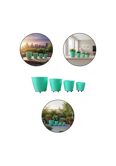 4 Lü 3d Yeşil Dekoratif Vazo Seti Modern Ayaklı Şık Saksı Takımı