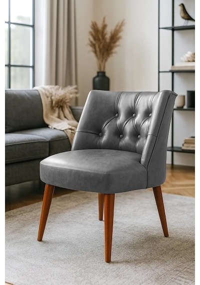 Waterybrook Berjer Sandalye - Kapitoneli Suni Deri - Ceviz Ahşap Ayaklı - Retro Modern Tasarım Gri