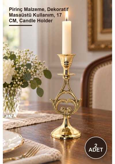 2 Adet Tekli Pirinç Şamdan Pirinç Malzeme, Dekoratif Masaüstü Kullanım, 17 Cm, Candle Holder Sarı