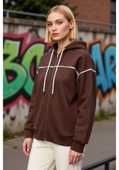 Benerly Kadın Kapüşonlu Fermuarlı Düşük Kol Sweatshirt Fonksiyonel Dayanı Kahverengi