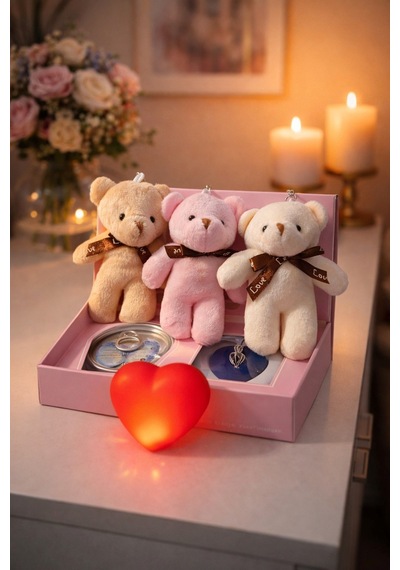 Sevgililer Gününe Romantik 3 Lü Hediye Seti İstiridye İnci Kolye 3 Adet Mini Peluş Ayı & Işıklı Kalp Çok Renkli