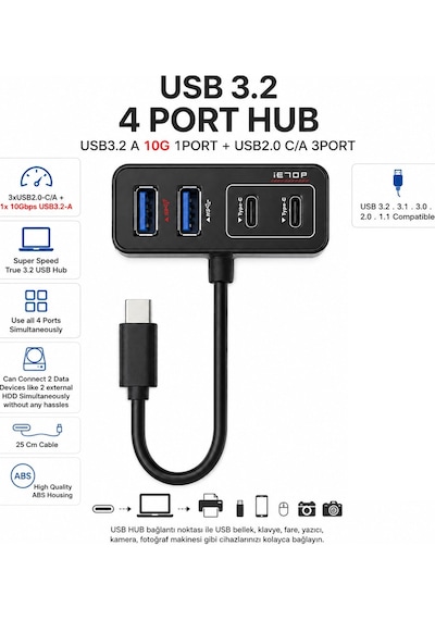Type-c Usb Hub 4 Port Usb 3.2 10gbps Usb Çoklayıcı Usb-a Usb-c
