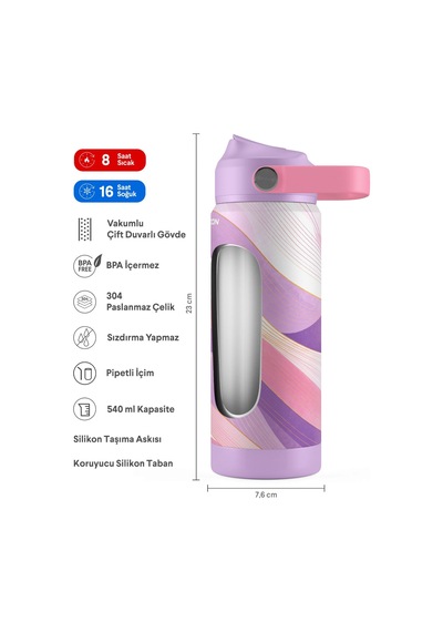 Puccon 540 Ml Dalga Desenli Lila Kız Çocuk Pipetli Çelik Termos Matara/suluk - 60056