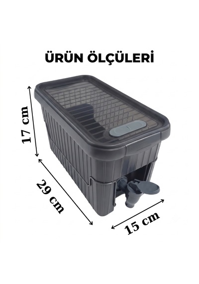 Musluklu Su Ve Meşrubat Sebili Buzdolabı Uyumlu Kapaklı İçecek Dispenseri 29x15x17 Cm Gri - Siyah