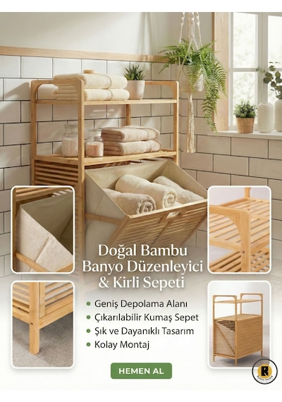 Bambu Kirli Sepetli 2 Raflı Çok Amaçlı Banyo Düzenleyici Çamaşır Sepeti Organizer 64 40 95cm Bej