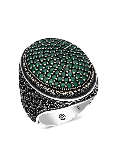 Premium 925 Ayar Gümüş Yeşil Zirkon Taşlı Oval Erkek Yüzük - 27 Ölçü