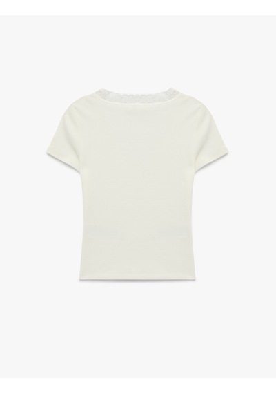 Koton Slim Fit Kısa Kollu V Yaka Dantel Detaylı Tişört Ekru 6sal10648ık Ekru