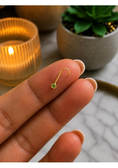 925 Ayar Gümüş Yeşil Taşlı Sarı Renk Burun Hızması Piercing Minimal L Şekilli Unisex Nose Stud