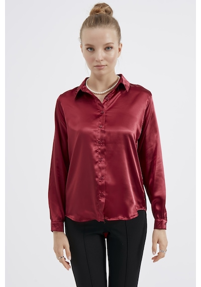 Meecy Kadın Bordo Saten Gömlek Bordo Bordo