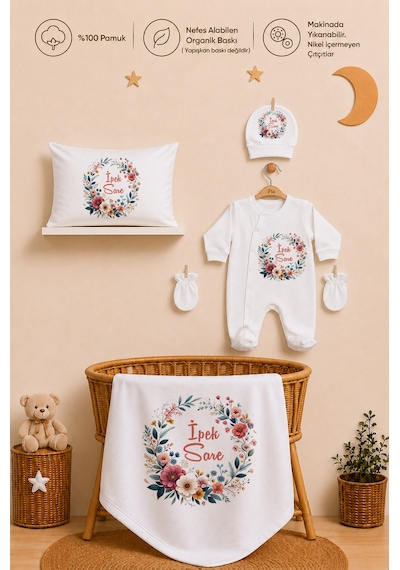 Pia Baby Kız Bebek Hastane Çıkışı Seti 11 Parça %100 Pamuk Kişiye Özel İsim Baskılı 106911yx Ekru