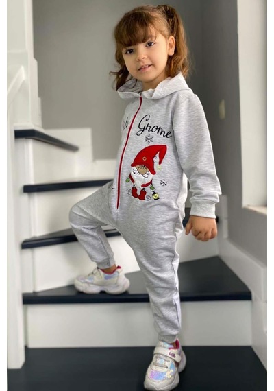 Riccotarz Kız Erkek Bebek Üzerinde Noel Baba Ve Ağaç Önü Fermuarlı Kapüşonlu Gri Tulum Gri