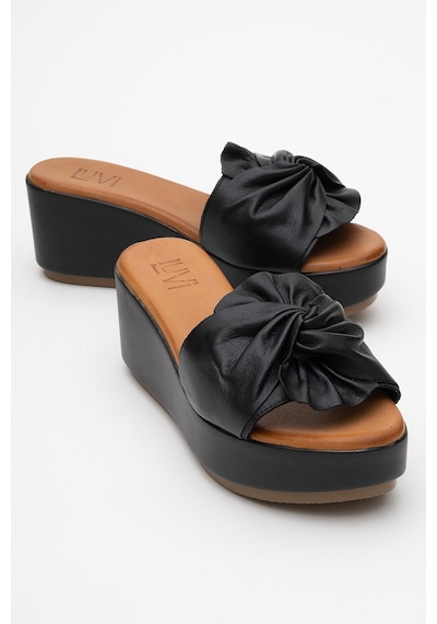 Luvishoes Luvi Shoes Jeff Siyah Cilt Hakiki Deri Fiyonklu Kadın Dolgu Topuklu Terlik Siyah