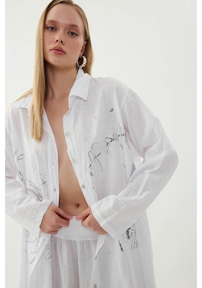Vitrin Oversize Baskılı Keten Gömlek Gümüş - Beyaz