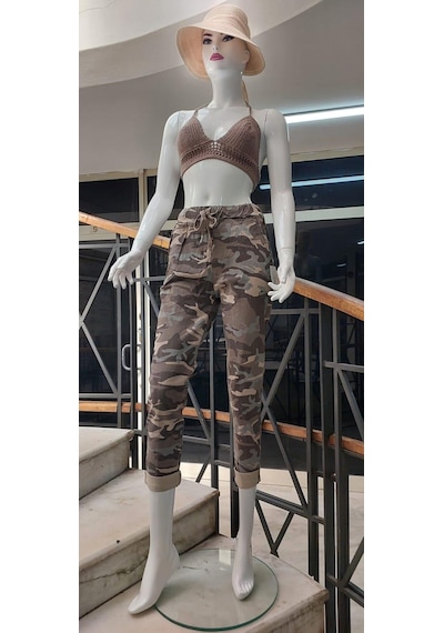 Eren Style Italyan Beli Bağlamalı Kamuflaj Desenli Dar Paça Pantolon-9078 Vizon