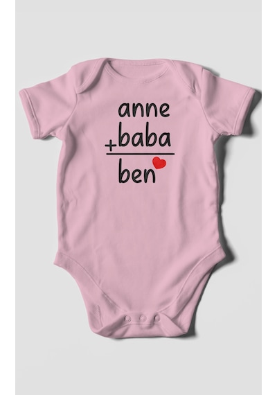 Anne Baba Ve Ben Baskılı Bebek Zıbını Çıtçıtlı Body %100 Pamuk Kısa Kol Koyu Pembe