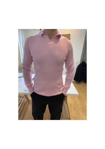 Cool Tarz Pembe Erkek Polo Yaka Fitilli Triko Kazak Pembe Pembe