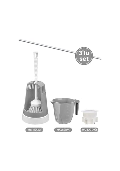 3 Lü Wc Tuvalet Temzilk Seti, Klasik Wc Fırça Takımı + Maşrapa 1,5 Lt + Sessiz Wc Kapağı Seti Gri Gri