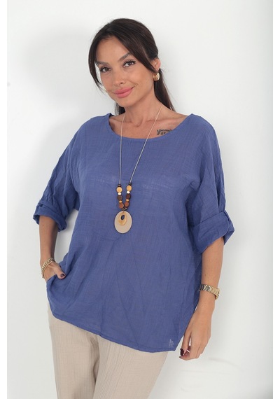 By Saygı Kadın İtalyan Coton Oversize Bluz İndigo