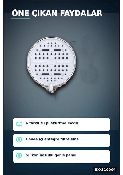 Filtreli Duş Başlığı 6 Modlu Geniş Panel Silikon Nozullu Banyo Duş Başlığı Beyaz Bx-316064 Diğer