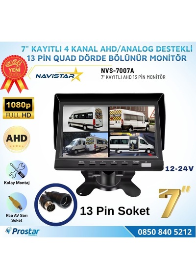 Kayıtlı 7 İnç 4 Kanal 13 Pin Ips Ahd 1080p 720p Analog 256 Gb Sd Destekli Quad Araç Monitörü 12-24v