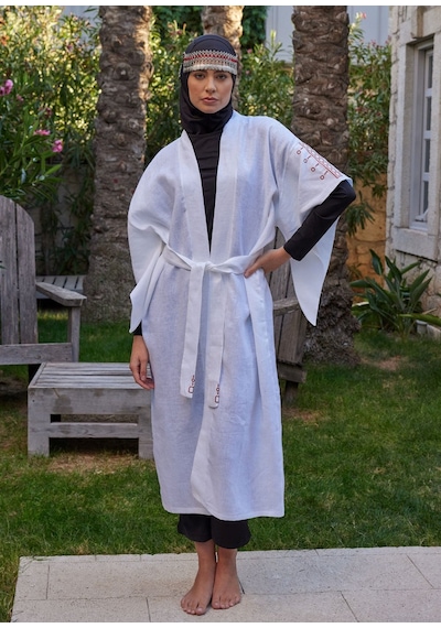 Mayovera Kimono - Nakışlı Beyaz %100 Keten Plaj Elbisesi Beyaz