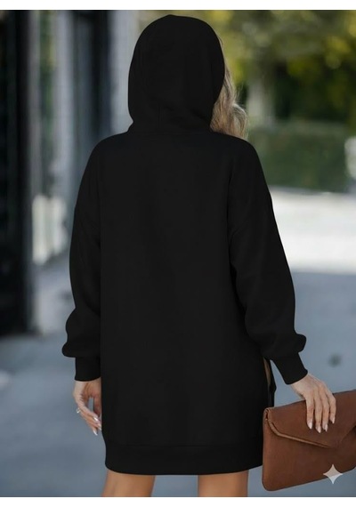Afri Kadın Oversize Kapüşonlu Sweatshirt Yan Fermuar Detaylı Uzun Kollu Siyah Tunik Siyah
