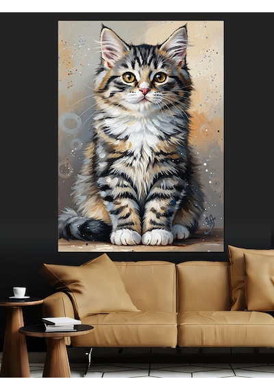 Ahşap Tablo Oturan Sevimli Tekir Kedi