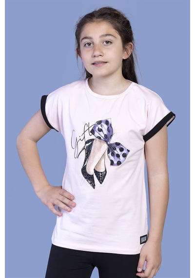 Toontoy Kids Toontoy Kız Çocuk Fiyonk Baskılı Kolları Garni Detaylı Tişört Pudra
