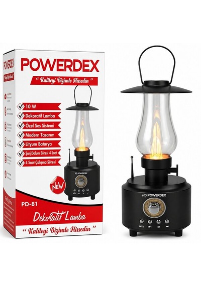 Powerdex Pd-81 Bluetooth Hoparlörlü Dekoratif Nostaljik Gaz Lambası Led Işıldak Kamp Lambası Usb Radyo Ses Sistemi