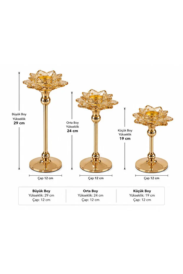 Chacha Home 3'lü Metal Ayaklı Lotus Kristal Cam Şamdan Mumluk Seti 29 Cm - 24 Cm - 19 Cm - Dekoratif Nilüfer Çiçeği Mum Standı Gold