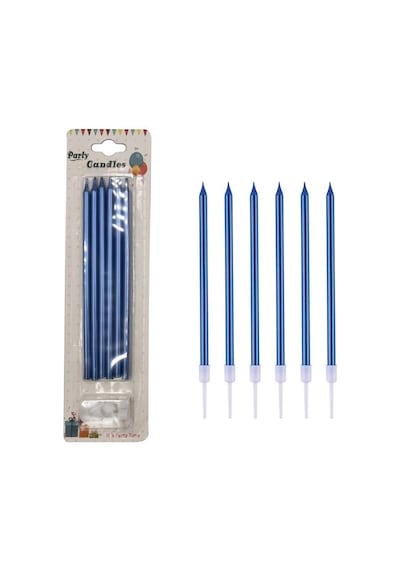 Metalik İnce Mum Mavi 15 Cm 6 Lı