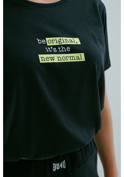 Penti Siyah Bu4u Slogan Kısa Kollu Tişört Pijama Üstü Siyah