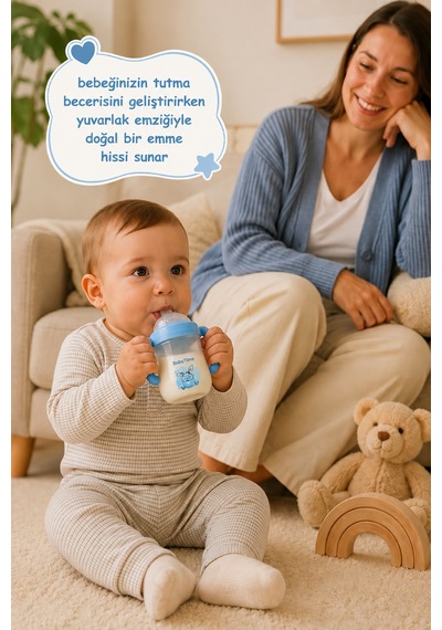 Babytime 5'li Bebek Beslenme Seti Mavi 0+ Ay 150 Ml Pp Biberon - Alıştırma Bardağı - Emzik ve Askısı Ak206 Bebe Mavi