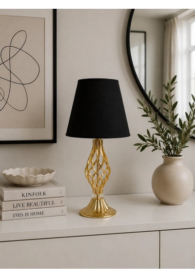 Siyah Kumaş Başlık Gold Metal Burgu Ayaklı Modern Abajur 50x25cm