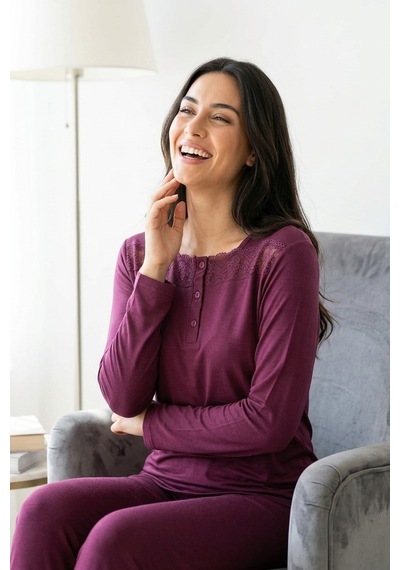 Aura Collections Kadın Dantelli Bambu Viskon Uzun Kollu Mevsimlik Soft Örme Pijama Takımı Bordo