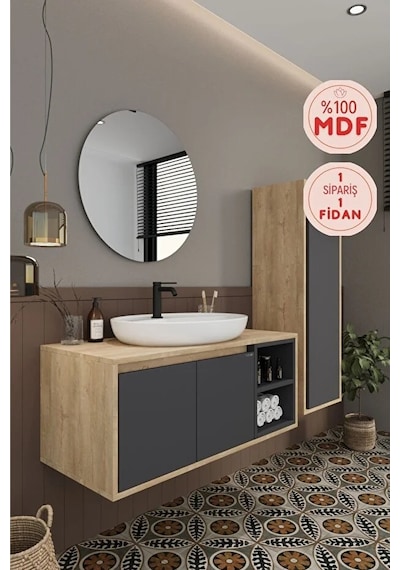 Gül 100 Cm %100 Mdf Lavabolu Banyo Dolabı Ayna Alt Dolap Lavabo Boy Dolabı Antrasit