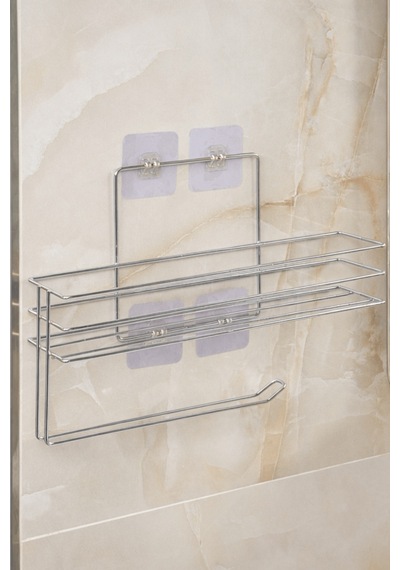 Parlak Silver Modern Banyo Rafı Yapışkanlı Duş Organizer Kağıt Havluluk Gümüş