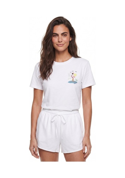 Onloox Kadın Beyaz Beyaz Pamuklu Kumaş Bisiklet Yaka Kısa Kollu Flamingo Nakış Detaylı Günlük Tasarım T-shirt